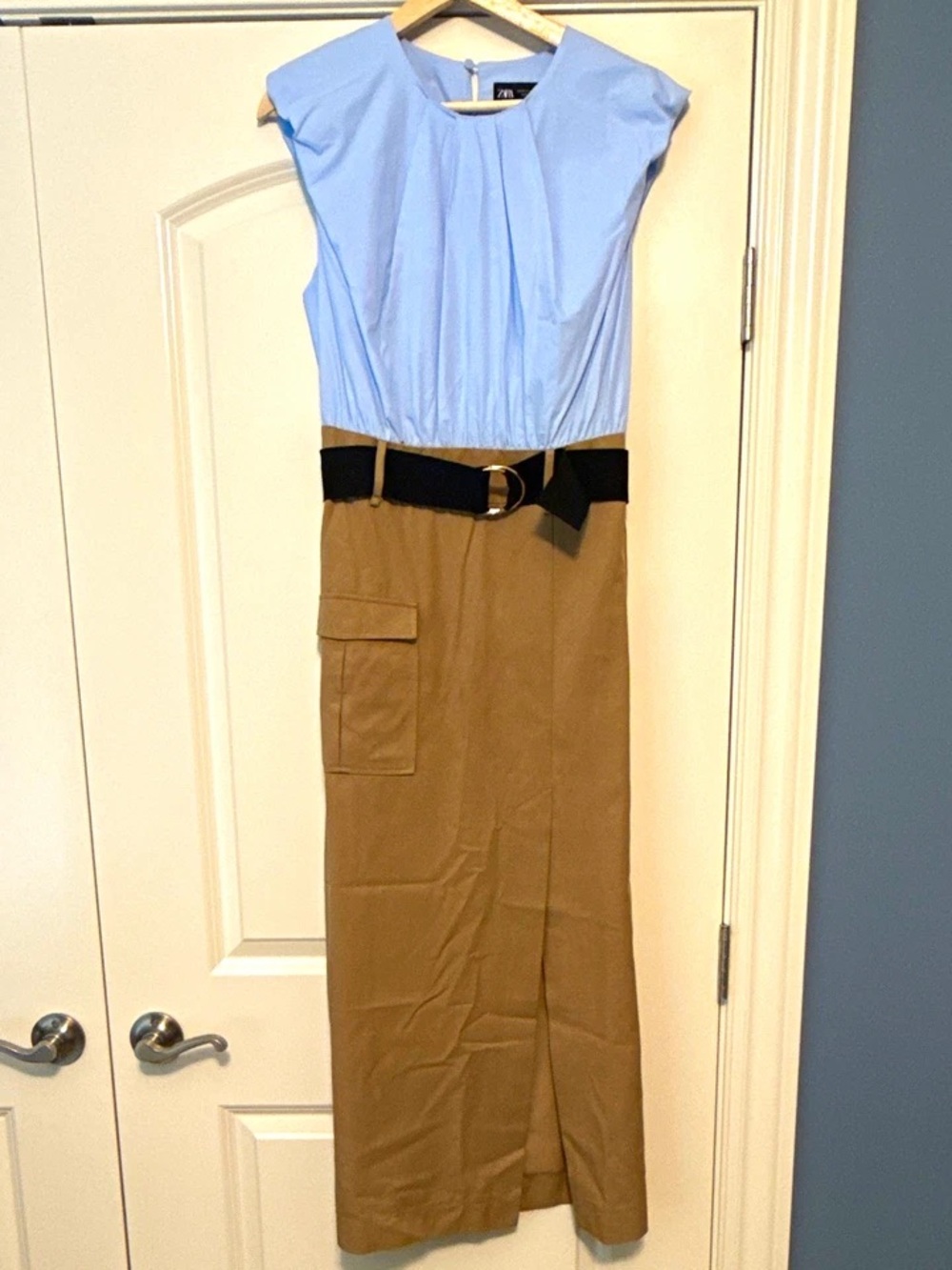 Zara Sky Blue and Tan Two-Tone Maxi Dress with Black Belt